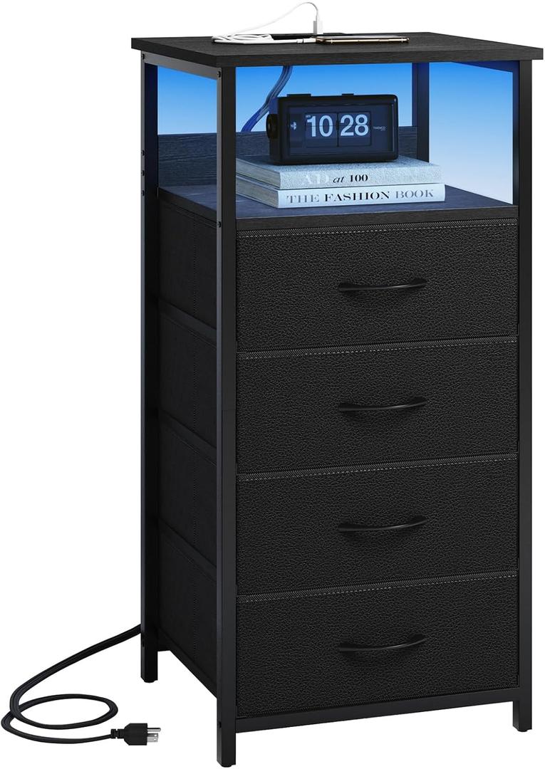 Fixwal Night Stand with Charging Station, Tall Nightstand with U-S-B Ports and Outlets, 4 Fabric Storage Drawers with PU Finish, Small Dresser Bed Side Table, Black