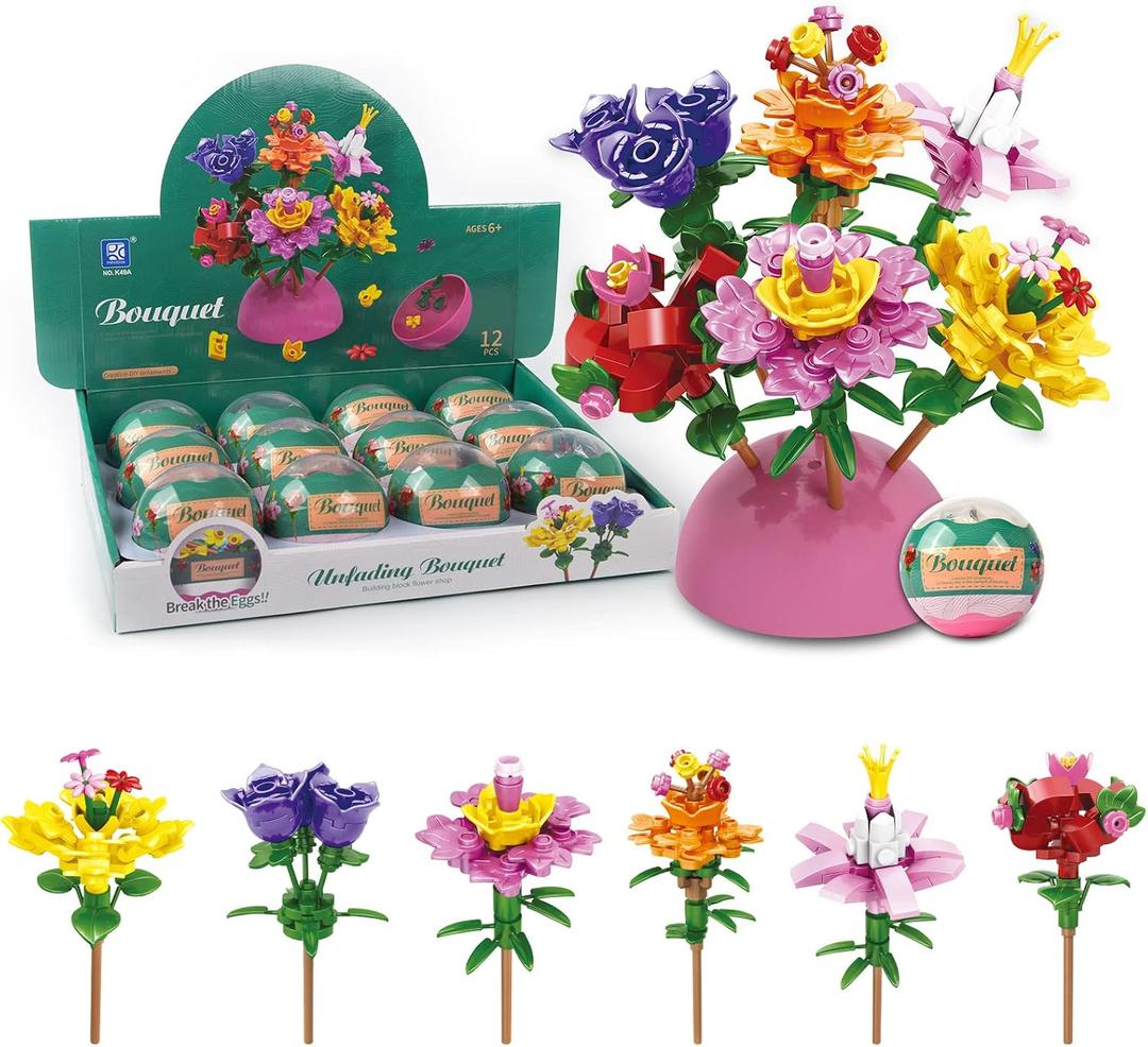 12 Pack Filled Eggs with 157 Pcs DIY Flower Garden Building Blocks for Party Favors, Easter Egg Hunt, Classroom Events - Educational Activity Toy for Girls 6+ Years Old