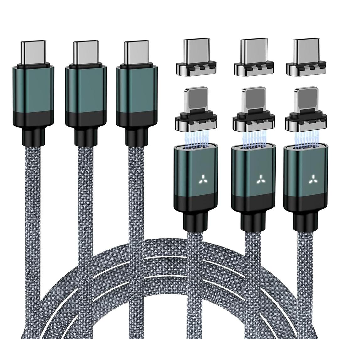 ZBF 100W USB C Magnetic Charging Cable, 2 in 1 Charger Cable for Type C(3 Pack, 4/6.6/6.6FT) 480Mbps Data Transfer, 5A Fast Charging for Phone 17 16 15,14,13 Pro Max, MacBook Pro,Pad,Galaxy S22,Pixel