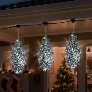 Lanpn 3 Pcs 11" Outdoor LED Ornaments, Large Christmas Lighted Bulbs, Xmas Tree Battery Powered Bulb Decor with Dark Sensor, Christmas Ornament Lights for Lawn Garden Yard Patio, Silver