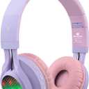Riwbox WT-7S Kids Bluetooth Headphones Light Up, Foldable Stero Wireless Headset,with Microphone and Volume Control,Comfortable and Durable,for PC/Tablet/TV/Travel(Purple)
