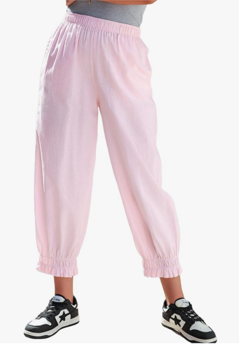 EVALESS Women's Pajama Pants Elastic Waist Lightweight Striped Pjs Lounge Cropped Pants with Pockets, Pink, L