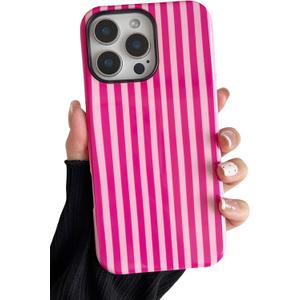 Longlayss Compatible with iPhone 16 Pro Max Case Cute Aesthetic Striped Phone Case for Women Girl Shockproof Slim TPU and Hard PC Protective Cover (Hot Pink)