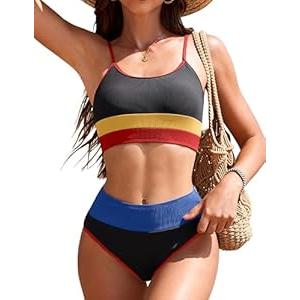 AI'MAGE Women's High Waisted Bikini Sets Two Piece Tummy Control Swimsuits 2025 Color Block Sporty Ribbed Bathing Suits, Black Blue, XL