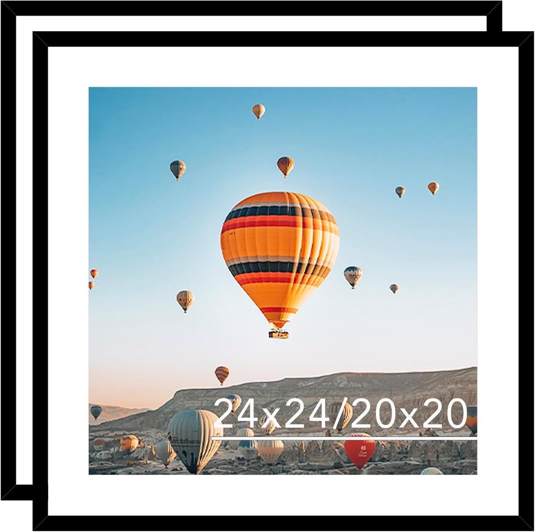 24x24 Picture Frame Set of 2 Black with 20x20 Mat, Display Photo 20x20 with Mat or 24 x 24 Without Mat, Wall Hanging Large 24x24 Poster Frame with Shatter Resistant Plexiglass, 2 Pack, Black