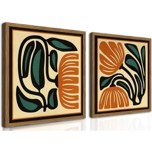 Mid Century Floral Wall Art Set of 2, Modern Square Abstract Botanical Wall Decor Picture, Vintage Boho Eclectic Plant Canvas Prints Paintings for Bedroom Living Room 16x16 inch Wood Framed