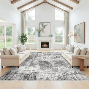 12x12ft Square Living Room Rug – Non-Slip Washable Extra Large Floor Carpet for Bedroom, Dining Room, Playroom Room – Modern Abstract Neutral Thin Low-Pile Big Indoor Rug (Grey)