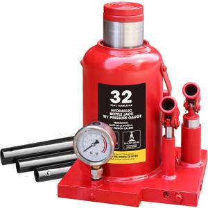Torin Welded Hydraulic Double Piston Car Bottle Jack with Pressure Gage and Slow Release,32 Ton(64,000 lbs),red, ATH932001BB 