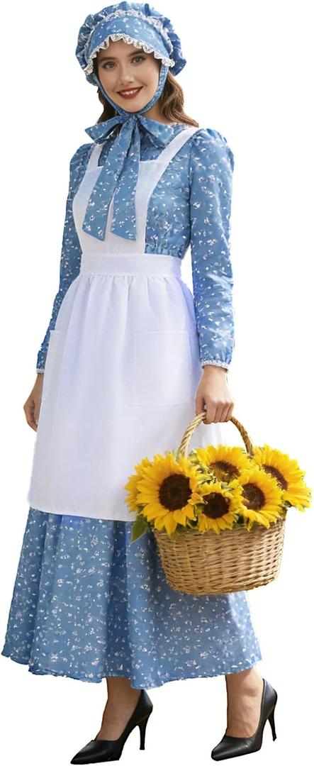 Women Adult Colonial Prairie Costume,Floral Pioneer Dress with Apron and Bonnet, S