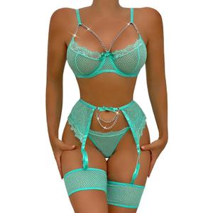 Aranmei Womens Sexy Eyelash Fishnet Lingerie Set Chain Babydoll Underwire Bra and Panty Sets with Garter Belt 4 Pieces (Medium, Light Green)