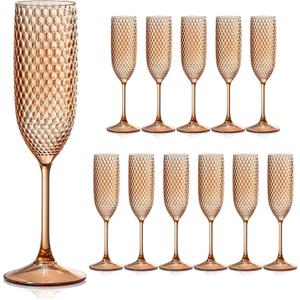 12 Pack Plastic Champagne Flutes - Rose Gold Goblet Glasses, Unbreakable Wedding Toasting Diamond Wine Crystal Cups, Clear Drinking Glasses 5.5 OZ for Bridal Shower