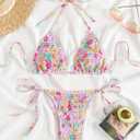 COZYEASE Women's 2 Piece Floral Bikini Sets Smocked Drawstring Side Triangle Halter Sexy Cute Swimsuits (L)