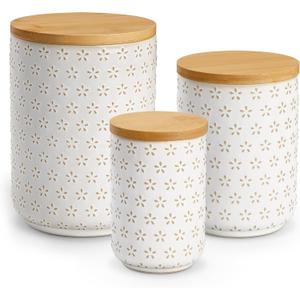 MALACASA LYDIA Ceramic Canisters Set with Airtight Lids, 80/40/20 oz Coffee Canisters Sets for the Kitchen, Large Jars for Flour, Sugar, Pasta, Coffee, Cookies, Tea - Set of 3, Five-Leaf Grass