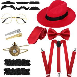 SATINIOR 1920s Old Men Costume Roaring Retro Accessories Set Gangster Hat Bow Tie Pocket Watch Suspender Glass Beard Tie Clip (Delicate Style, Red)