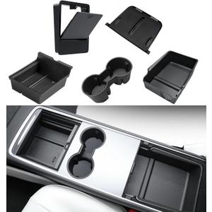 STARFLY 5PCS Center Console Organizer Tray for 2021-2024 Tesla Model 3 /Y Armrest Hidden Drawer Storage Box Cup Holder Wireless Silicone pad Accessories (Not for New Model 3/Y)