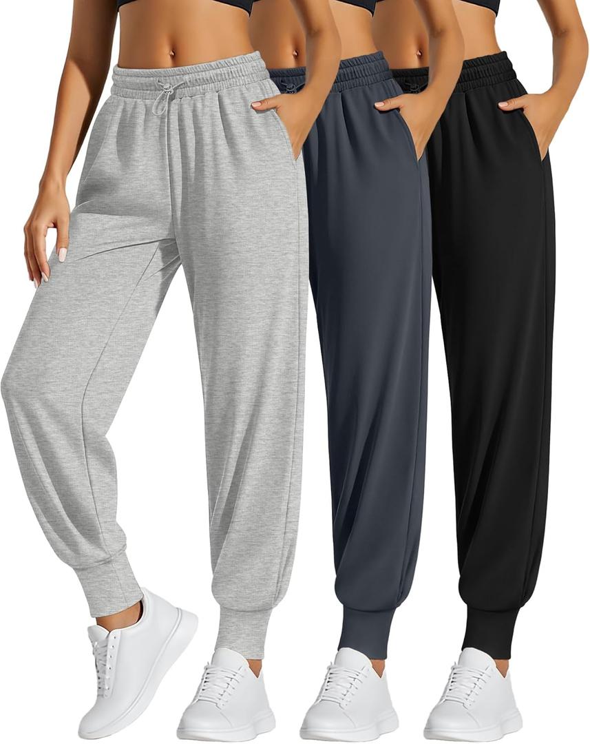 3 Pack Women's Sweatpants Jogger High Waisted Drawstring Athletic Running Yoga Workout Pants with Pockets (X-Large, Light Gray, Dark Gray, Black)