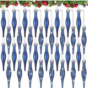 Halloscume 32 Pcs 3.54 Inches Blue Finial Drop Christmas Ornaments Vintage Christmas Ornaments Matte Glitter Xmas Hanging Decor for Tree Decoration Holiday Decor