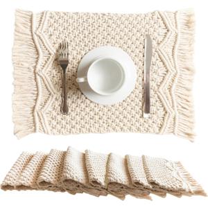 SnugLife Macrame Placemats Set of 8 - Handmade Cotton Woven Boho Placemats - Modern Farmhouse Fringe Placemats for Dining Table, Kitchen, Bohemian Wedding Dcor, Rustic Natural Off White, 12x20