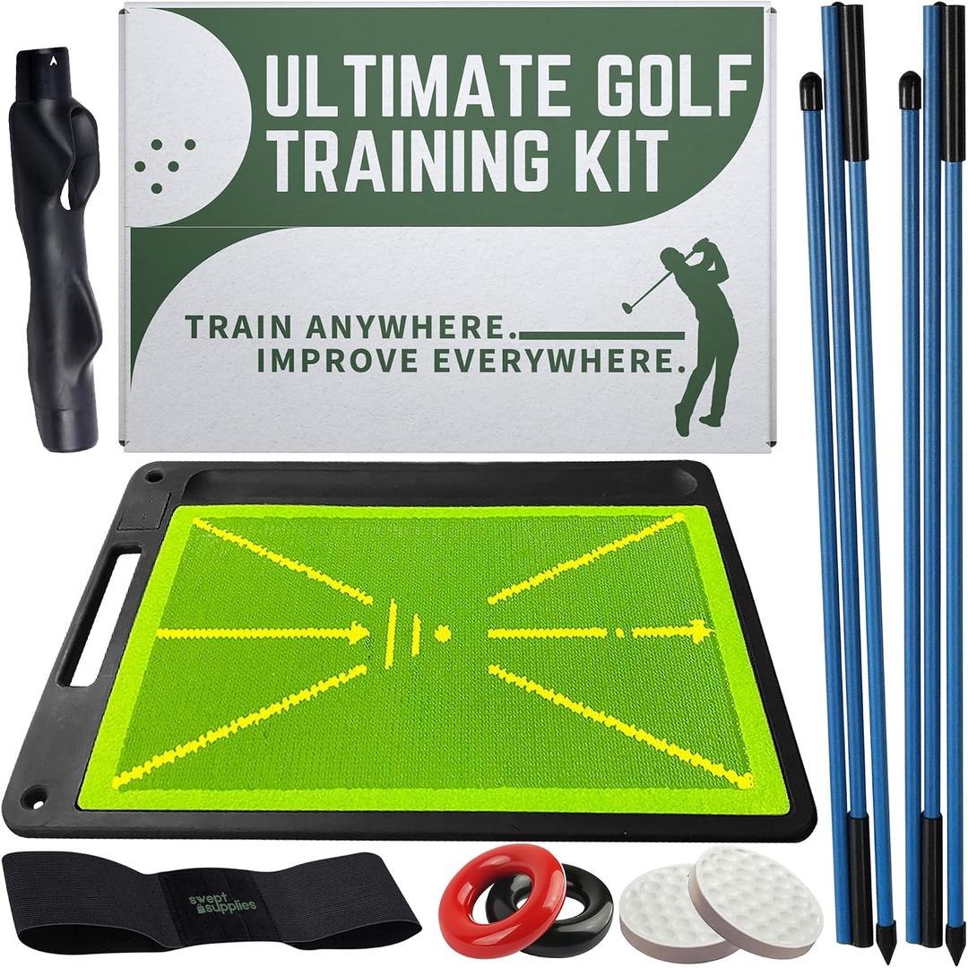 6-in-1 Golf Swing Trainer with Divot Board, Golf Grip Trainer, Alignment Sticks and Training Aid | Golf Accessories for Men & Women | Hitting Mat Practice Indoor & Outdoor, 6 feet by 2 feet