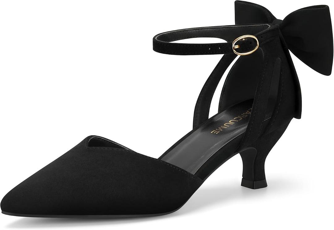 Carcuume Women's Kitten Heels with Bow Closed Toe Sandals Ankle Strap Wedding Pump Shoes, Size: 9
