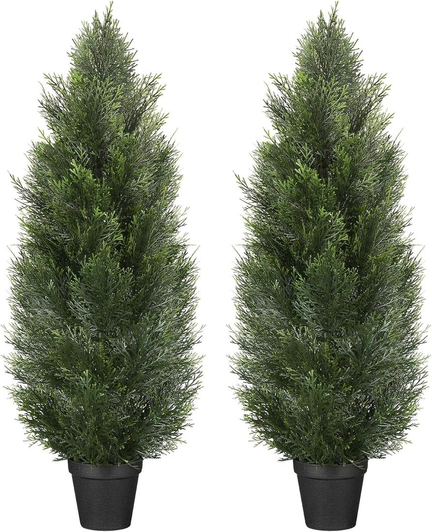 3FT Artificial Topiary Cedar Trees, Artificial Outdoor Plants UV Resistant, Realistic Fake Outdoor Plants Front Porch Decor, Artificial Bushes Cypress, Set of 2