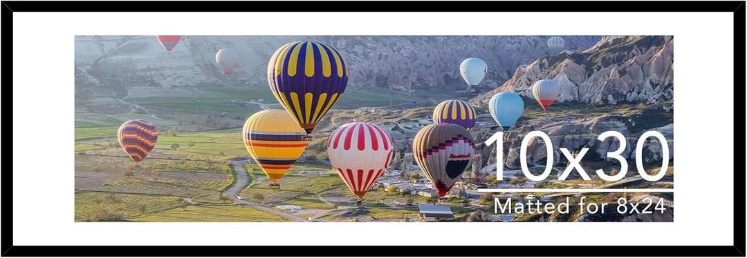 JCJMY 10x30 Picture Frame with 8x24 Mat, Display Photo 8x24 with Mat or 10 x 30 Without Mat, Wall Hanging Large 10 by 30 Poster Frame with Plexiglass, Black