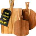 Acacia Wood Cutting Board Set of 3 with Handles  Round, Rectangular & Paddle Charcuterie Boards for Cheese, Meat, Pizza, Bread & Fruits (16"L x 12"W)