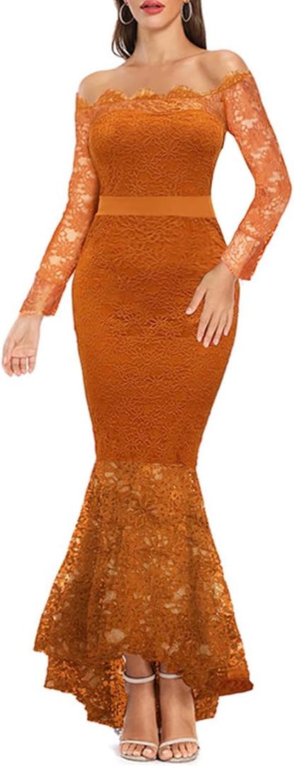 LALAGEN Women's Floral Lace Long Sleeve Off Shoulder Wedding Mermaid Dress L