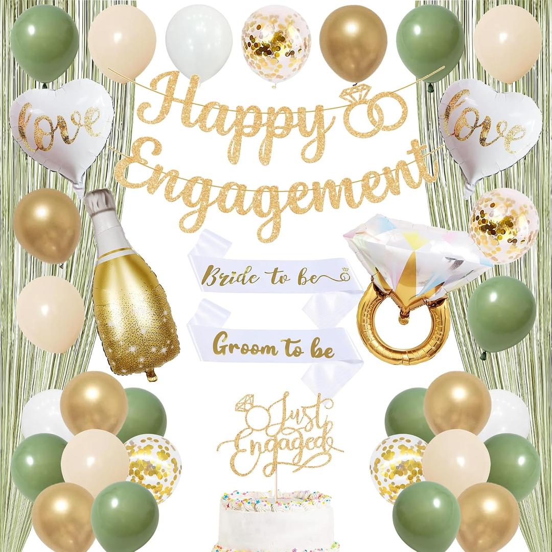 Trgowaul Green Gold Engagement Party Decorations, Happy Engagement Banner Backdrop, Bride&Groom Sash for Bridal Shower, Ring Foil Balloon, Just Engaged Cake Topper Wedding Shower Decor