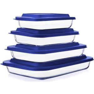 4 packs Glass Baking Dish Set with Plastic lids,Rectangular Glass Bakeware Set with Lids, Baking Pans for Lasagna, Leftovers, Cooking, Kitchen, Freezer-to-Oven and Dishwasher, Blue