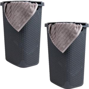 Mind Reader 60L Slim Laundry Hamper, Clothes Basket, Lid, Wicker Style, Plastic, 17.65"L x 13.75"W x 24.15"H, Set of 2, Gray, 2-pack