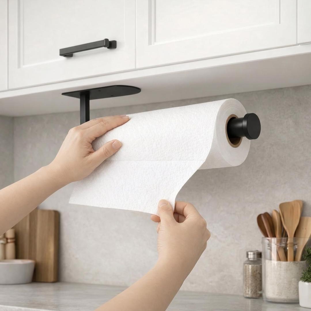 Paper Towel Holder Under Cabinet, Self Adhesive or Screw Mount, Fits Most Standard US Paper Towel Rolls, SUS304 Stainless Steel, Black