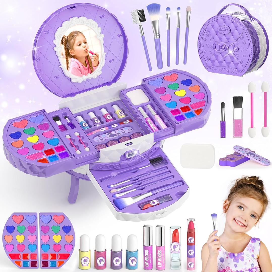 PERRYHOME Kids Makeup Sets for Girls 5-8, 59 Pcs Washable Real Cosmetic Set with Mirror, Non-Toxic Girls Makeup Kit, Toddler Nail Polish Kit, Princess Toys & Birthday Gifts for 3-12 Years Old(Purple)