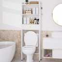 Over The Toilet Storage Shelf with Drawer, Above Bamboo Bathroom Organizer Cabinet with Anti-Tip and Waterproof Feet Pad Design, Freestanding Shelf for Bathroom (White)