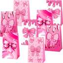 OUSHISS 12Pcs Coquette Pink Bow Party Paper Gift Bags, Girl Bow Birthday Party Treat Bags, Coquette Birthday Goodie Candy Bags for Bow Birthday Baby Shower Bridal Shower Bachelorette Party Supplies