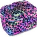 Plush Travel Makeup Bag Toiletry bag for Women Soft Fluffy Cosmetic Bag Portable Foldable (Rainbow Leopard)