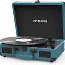 Vinyl Record Player 3 Speed Bluetooth Portable Suitcase Belt-Driven Record Player with 2 Built-in Stereo Speakers Vinyl Vintage Turntable Records Player with RCA Line Out, AUX Out (Smoke Blue)