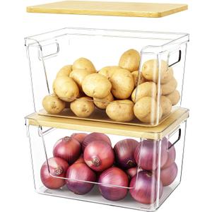 2 Set Pantry Organizer and Stackable Storage Kitchen,Sturdy and Durable Storage Basket for Potato, Onion, Garlic, Fruit, Vegetable, Produce, Clear Plastic Storage with Lid&Handle