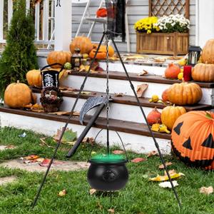Halloween Witches Cauldron, Black Plastic Witches Cauldron on Tripod with Green Led Light, Halloween Hanging Decoration Hocus Pocus Outdoor Home Porch Candy Bucket Decoration
