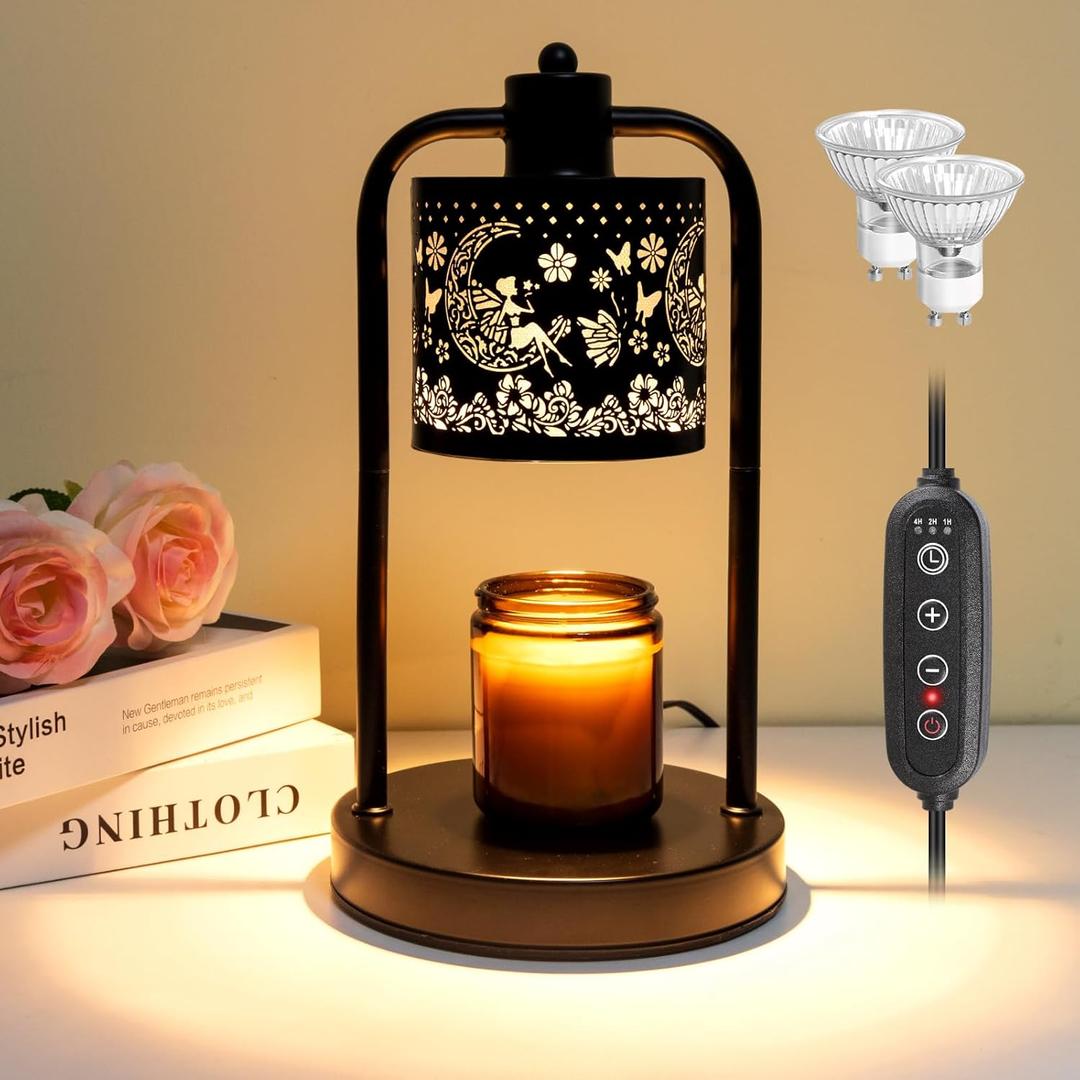 Lococo Candle Warmer Lamp Wax Light: Wax Melt Warming Lamps for Jar Candles with Timer Dimmable for Birthday Christmas Gift, Room, New House, Bedroom, Vintage Home Decor, Black + Fairy Moon