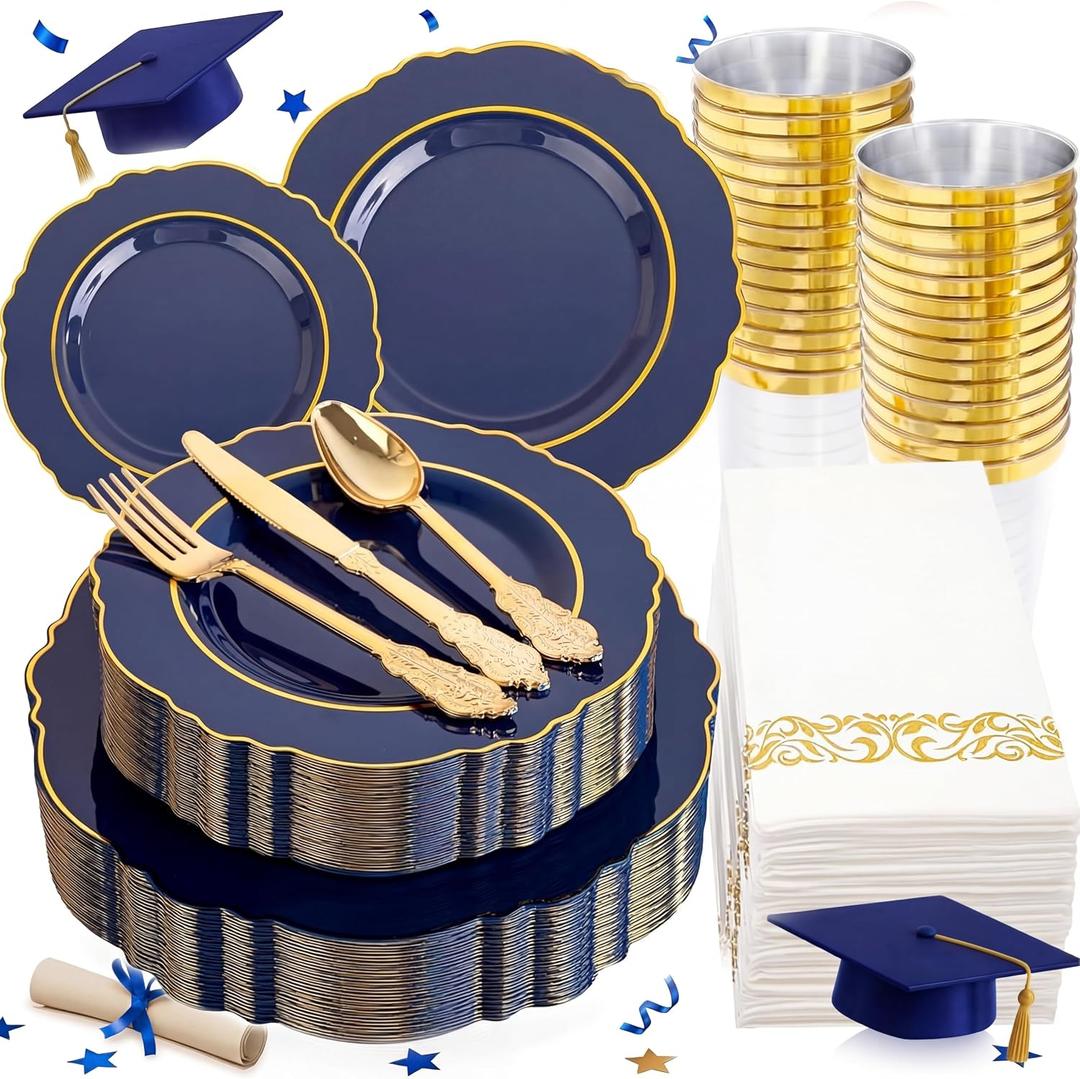 KIRE 210Pcs Navy Blue Plastic Plates - Blue and Gold Plates Disposable - 30guest Baroque Plastic Dinnerware for Upscale Wedding/Parties/Passover/Graduation