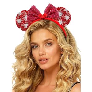 2 x Christmas Red Sequin Mouse Ears Headband with Bow - Sparkly Minnie Costume Hair Accessory, Holiday Party Gift & Stocking Stuffer for Girls Women