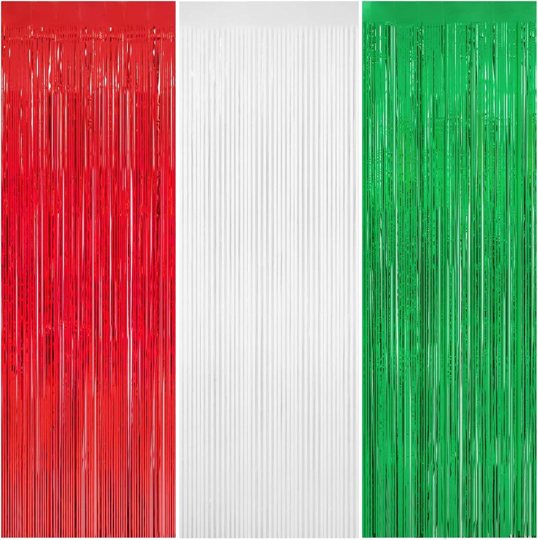 3 Pack Christmas Tinsel Foil Fringe Curtain 8x9.84 Ft Backdrop Curtain Red White Green Streamers for Christmas Fiesta Mexican Italian Birthday Baby Show Party Decorations