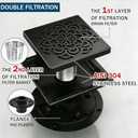 6 Inch Shower Drain, Square Shower Floor Drain Kit with Flange and Removable Cover Grate, AISI 304 Stainless Steel, Matte Black