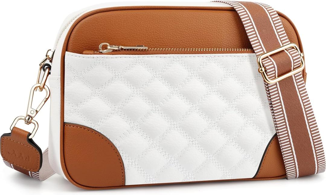 FYY Small Crossbody Bags for Women Quilted Vegan Leather Crossbody Purses for Women Travel with Adjustable Shoulder Strap (White and Brown)