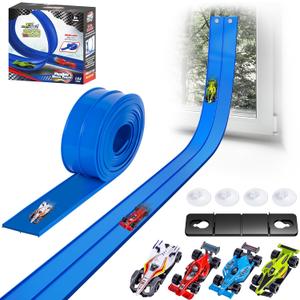 15 Ft Flexible Race Car Track for Kids, Double-Sided Racetrack for 1:64 Diecast Cars Toys, Rolls Up Portable Race Tracks with 4 Car & Suction Cups, Birthday Gifts for Boys Girls Ages 3-5 5-7, Blue