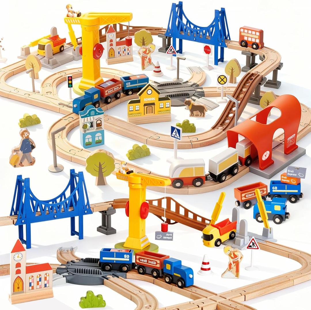 94pcs Wooden Train Set, Modern City Adventure Railway Track for Kids with Bridge, Tunnel, Crane, Town Buildings, Compatible with Most Brand, Christmas Toy Gift for Boys Girls Age 3-8