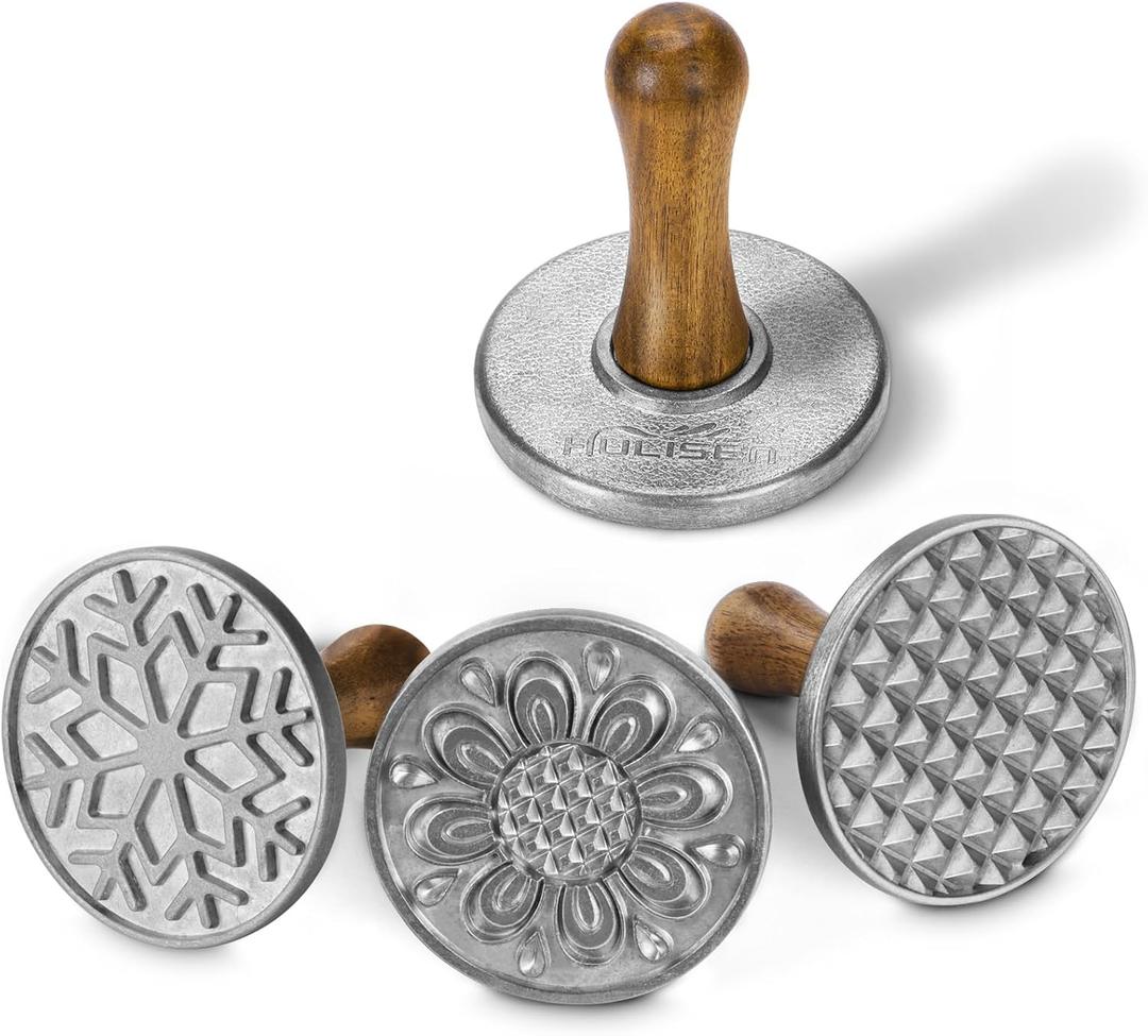 HULISEN Cookie Stamps Set of 4, Metal Cookie Press Mold with Wooden Handle, Decorating Supplies for DIY Baking, Cake, Pastry, Easy to Use, Gift Package