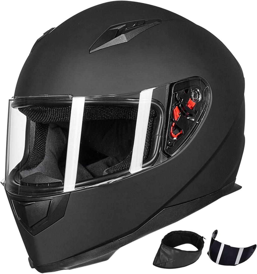 ILM Full Face Motorcycle Street Bike Helmet with Removable Winter Neck Scarf + 2 Visors DOT Model-JK313 (Small, Black)