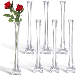 Roshtia 6 Pcs Eiffel Tower Vase Bulk 16 Inch Flute Vases Tall Glass Long Skinny Base Glass for Wedding Centerpiece Flowers Home Table Decorations Formal Dinners (Clear)